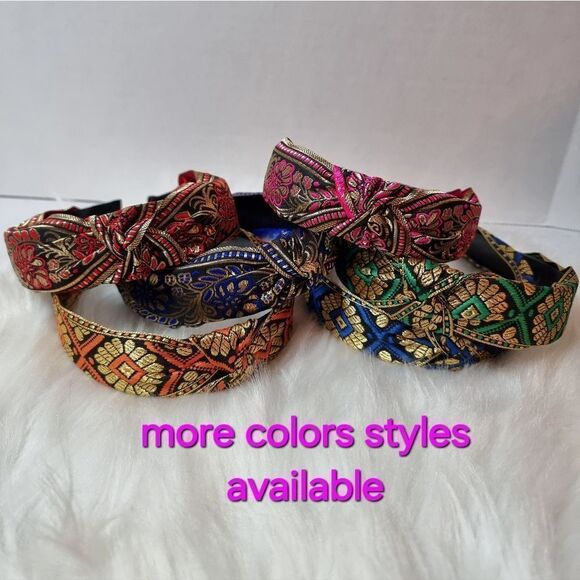 JEWELTONE JACQUARD SATIN FABRIC top knot orange gold black pattern headband - Picture 9 of 9